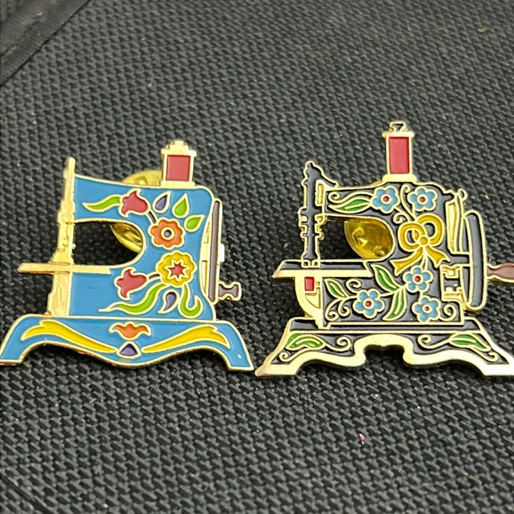 Vintage Clotilde enamel sewing machine brooches, # 6 & 8